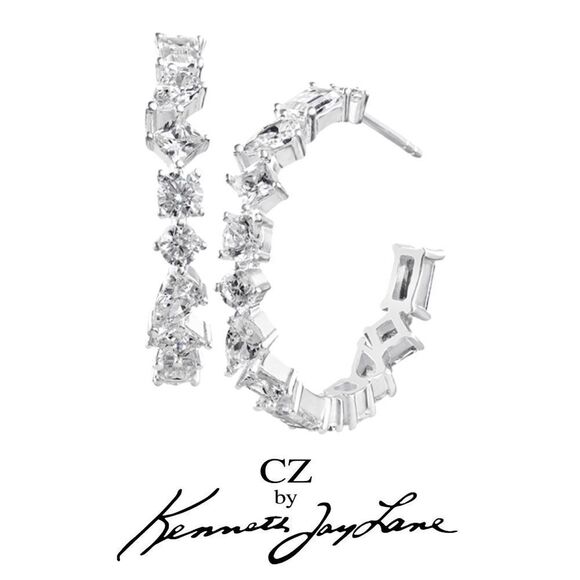 CZ By Kenneth Jay Lane Multi CZ Classic Trend Hoop Earrings - Picture 1 of 5